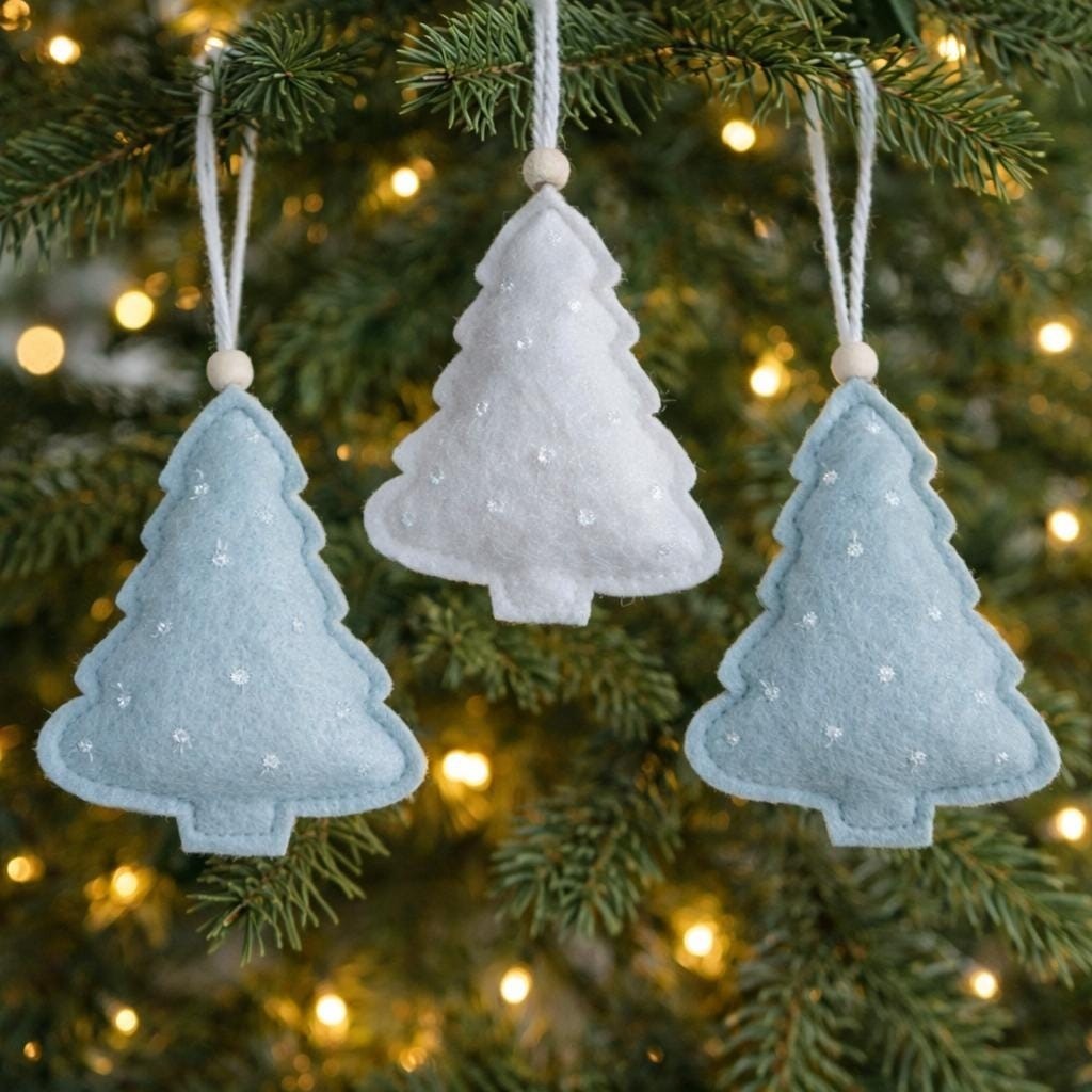 Felt Christmas Tree Ornaments Gray White Sparkle Set of 3