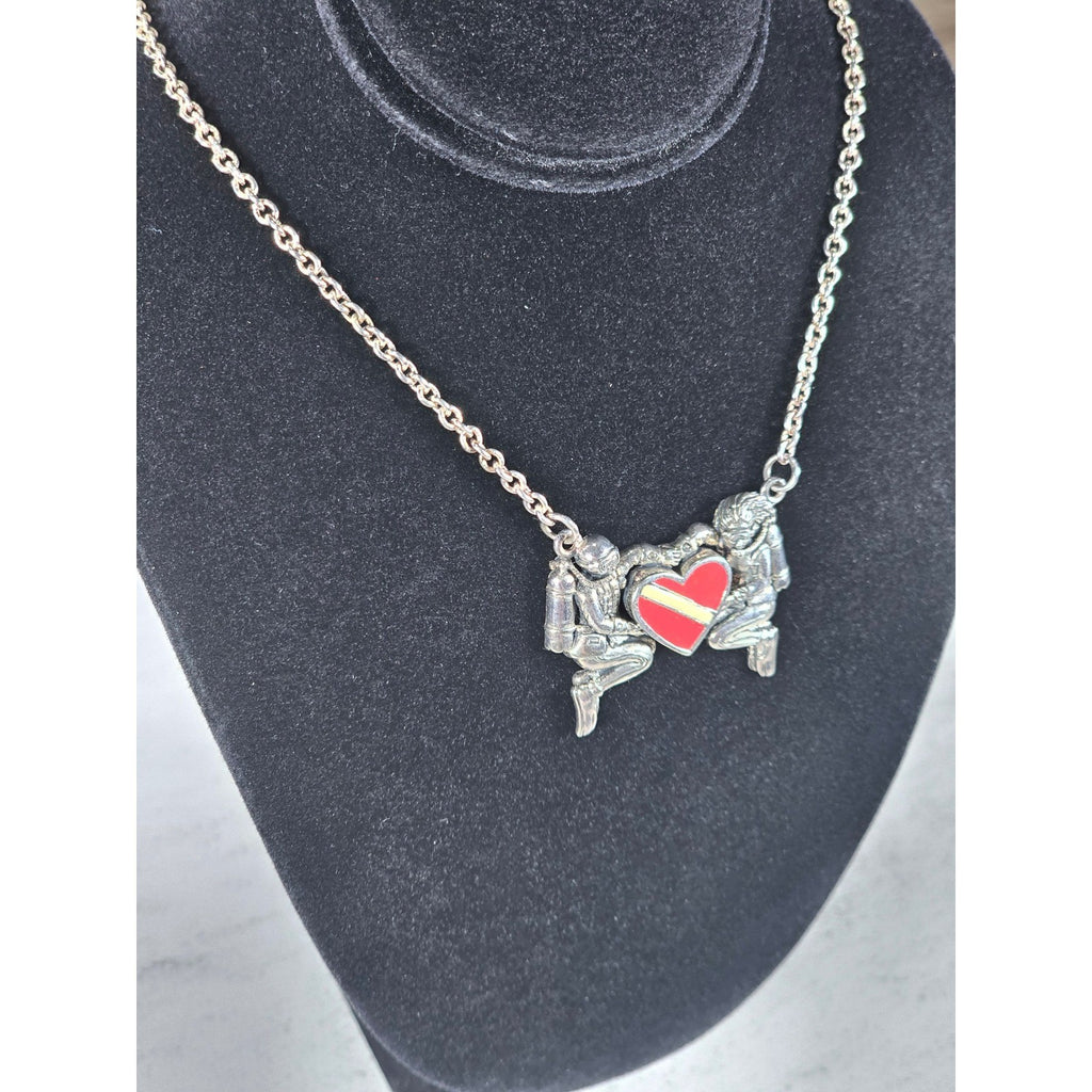 Vintage Sterling Silver Diver Heart Necklace Red Enamel Pendant