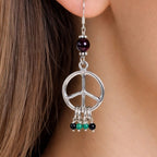Vintage Peace Sign Dangle Earrings Garnet Bead Accent