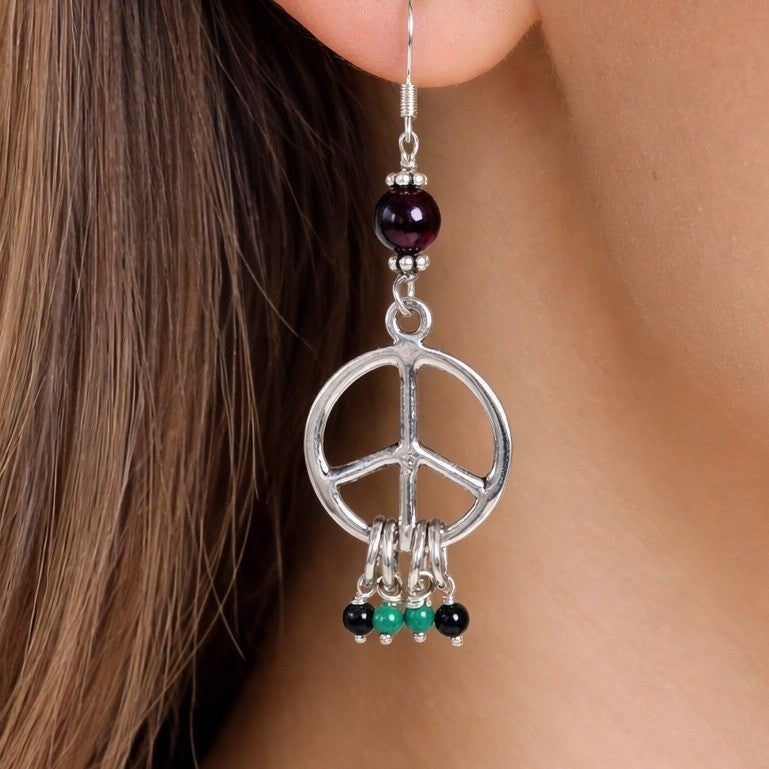Vintage Peace Sign Dangle Earrings Garnet Bead Accent