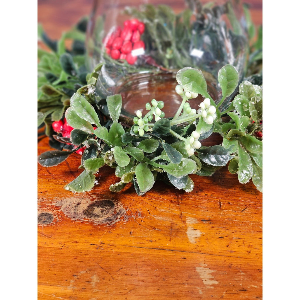 Glass Hurricane Candle Holder with Faux Greenery Ring, 6" Tall Table Decor