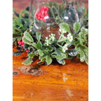 Glass Hurricane Candle Holder with Faux Greenery Ring, 6" Tall Table Decor