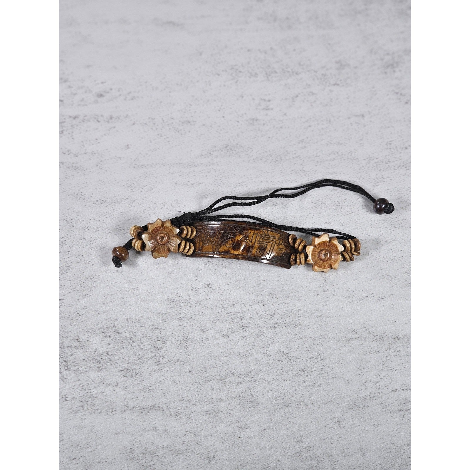 Vintage Carved Wood Adjustable Bracelet with Floral Accents