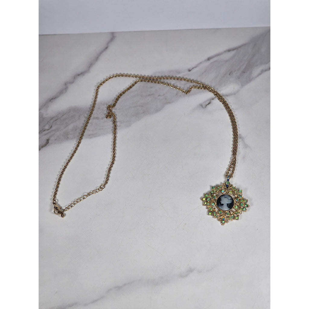 Vintage Cameo Pendant Necklace Gold Tone Aurora Borealis Rhinestones