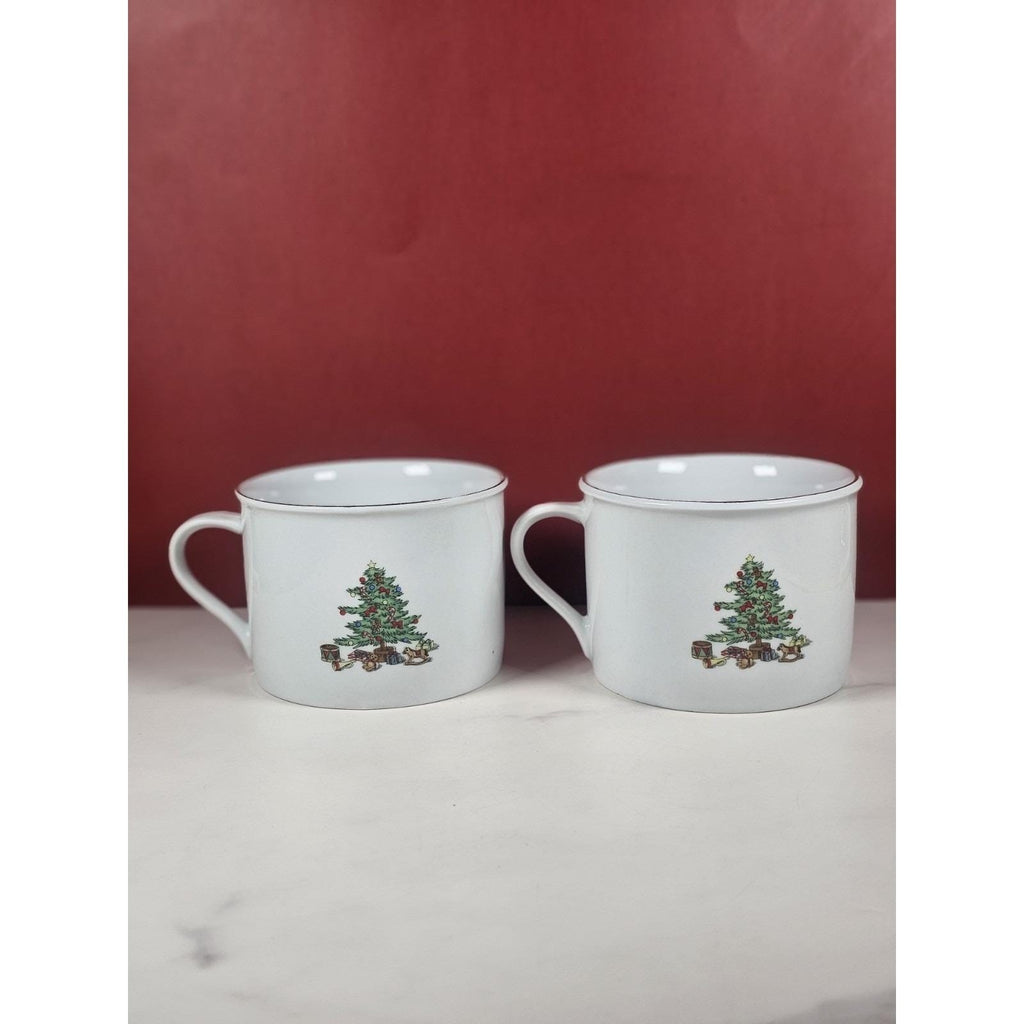 Vintage Tienshan Christmas Tree Porcelain Mugs Set of 2 Holiday Cups