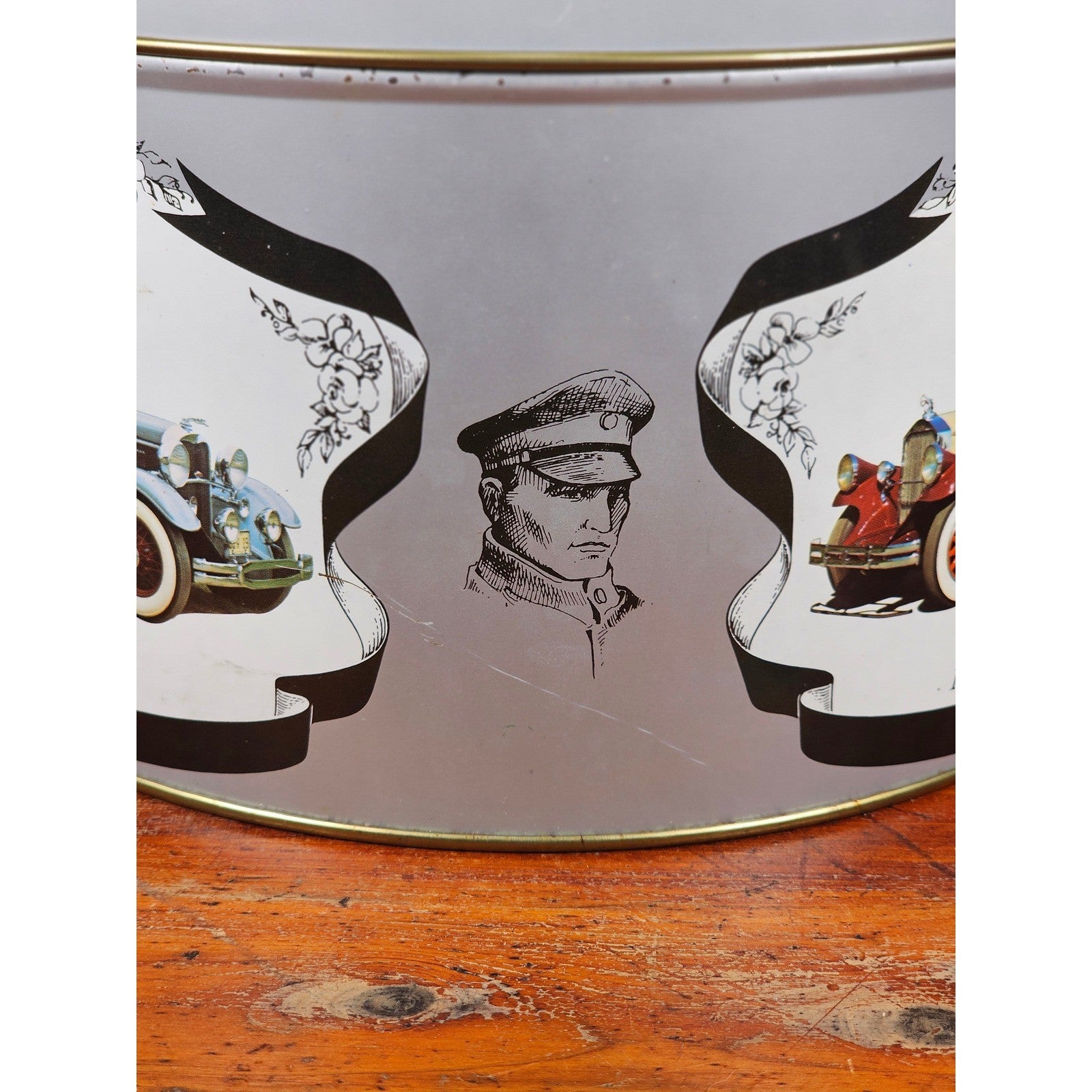 Vintage Classic Car Cookie Tin Empty Round Metal Motorcars from the Classic Era