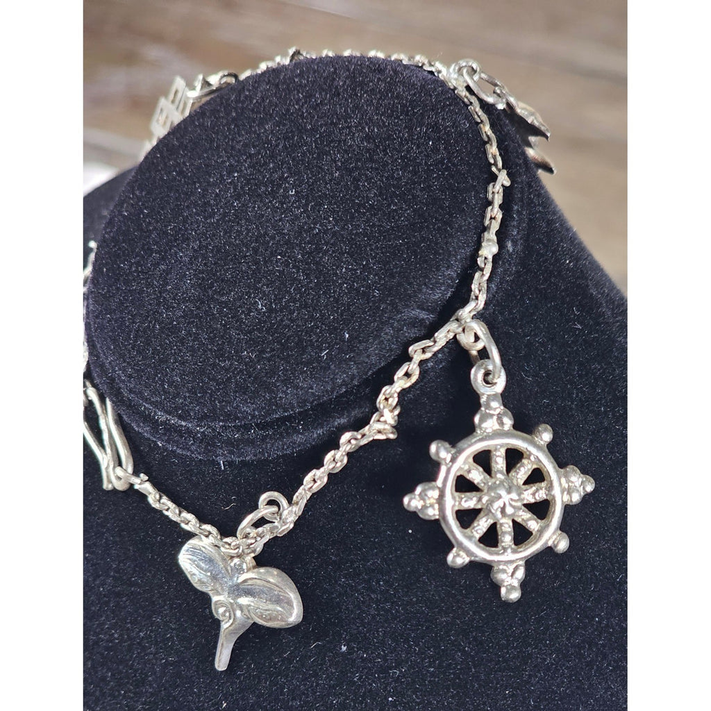 Vintage Silver Charm Bracelet Dolphin Clover Nautical Theme