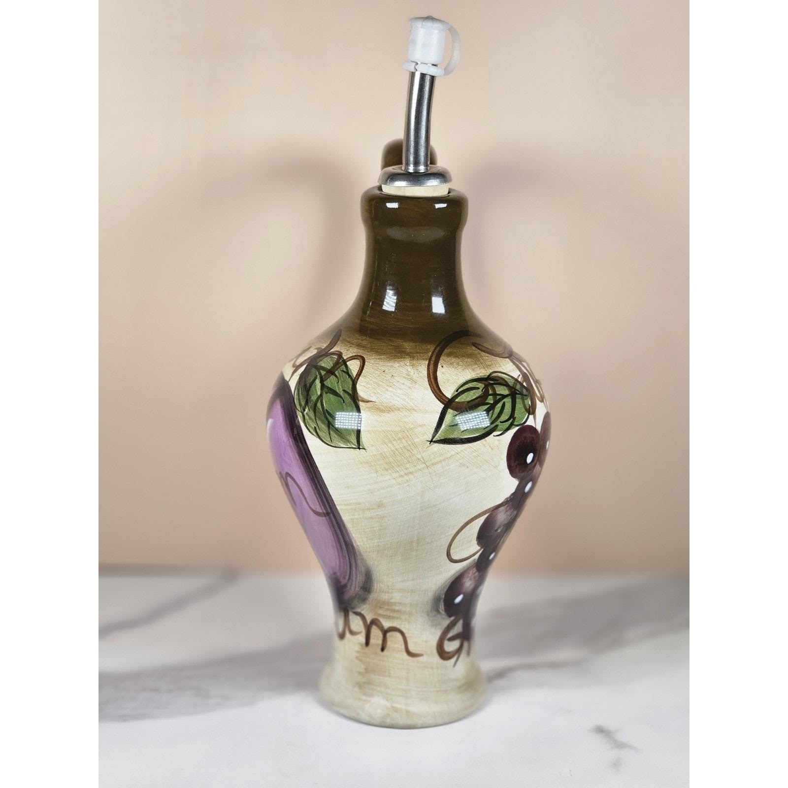 Vintage Rustic Orchard Plum Grape Oil Cruet Hand Painted Stoneware 9"
