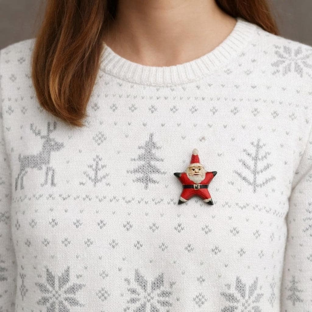 Vintage Folk Art Santa Claus Star Brooch Pin Holiday Christmas Jewelry