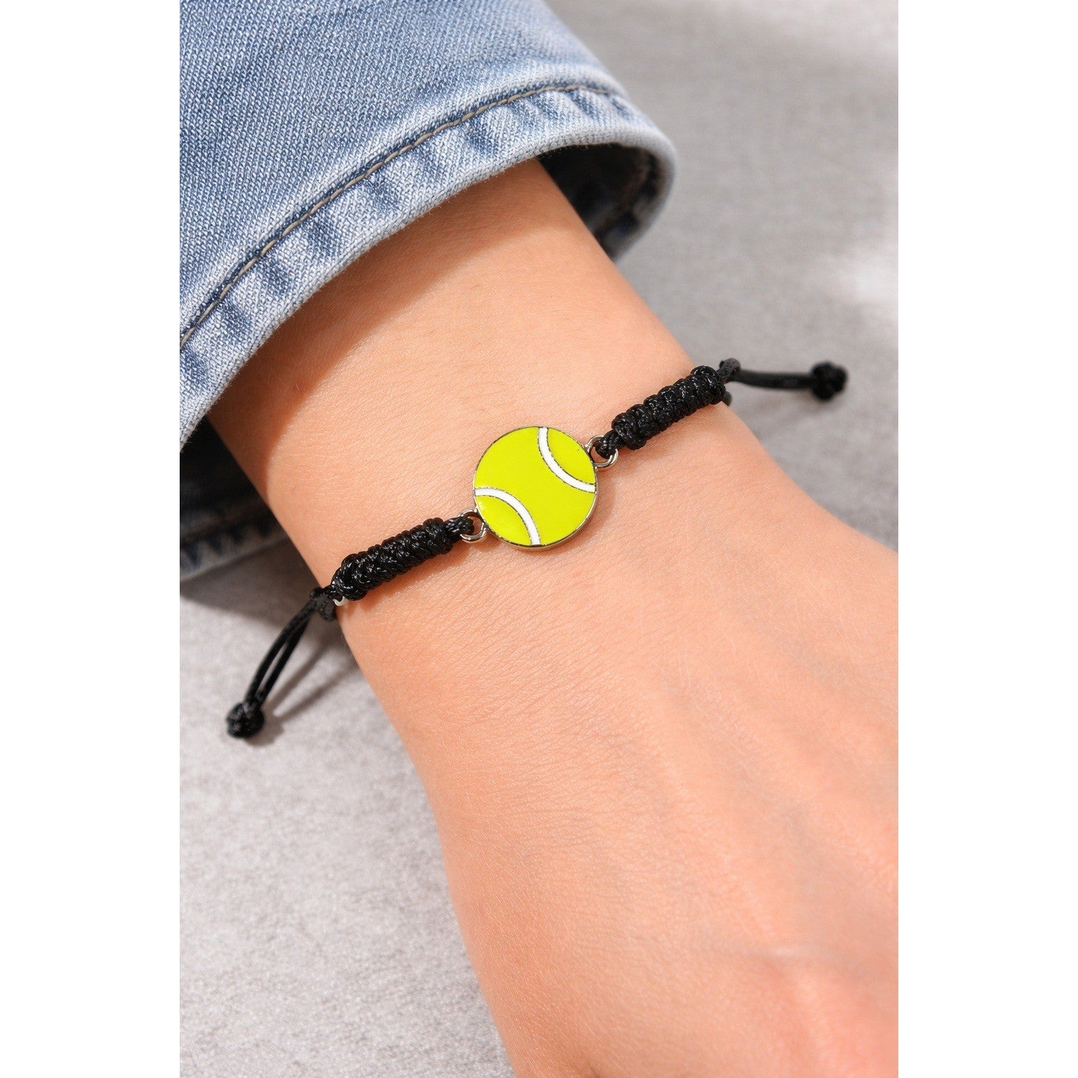 Tennis Ball Charm Bracelet Adjustable Black Cord Sports Jewelry