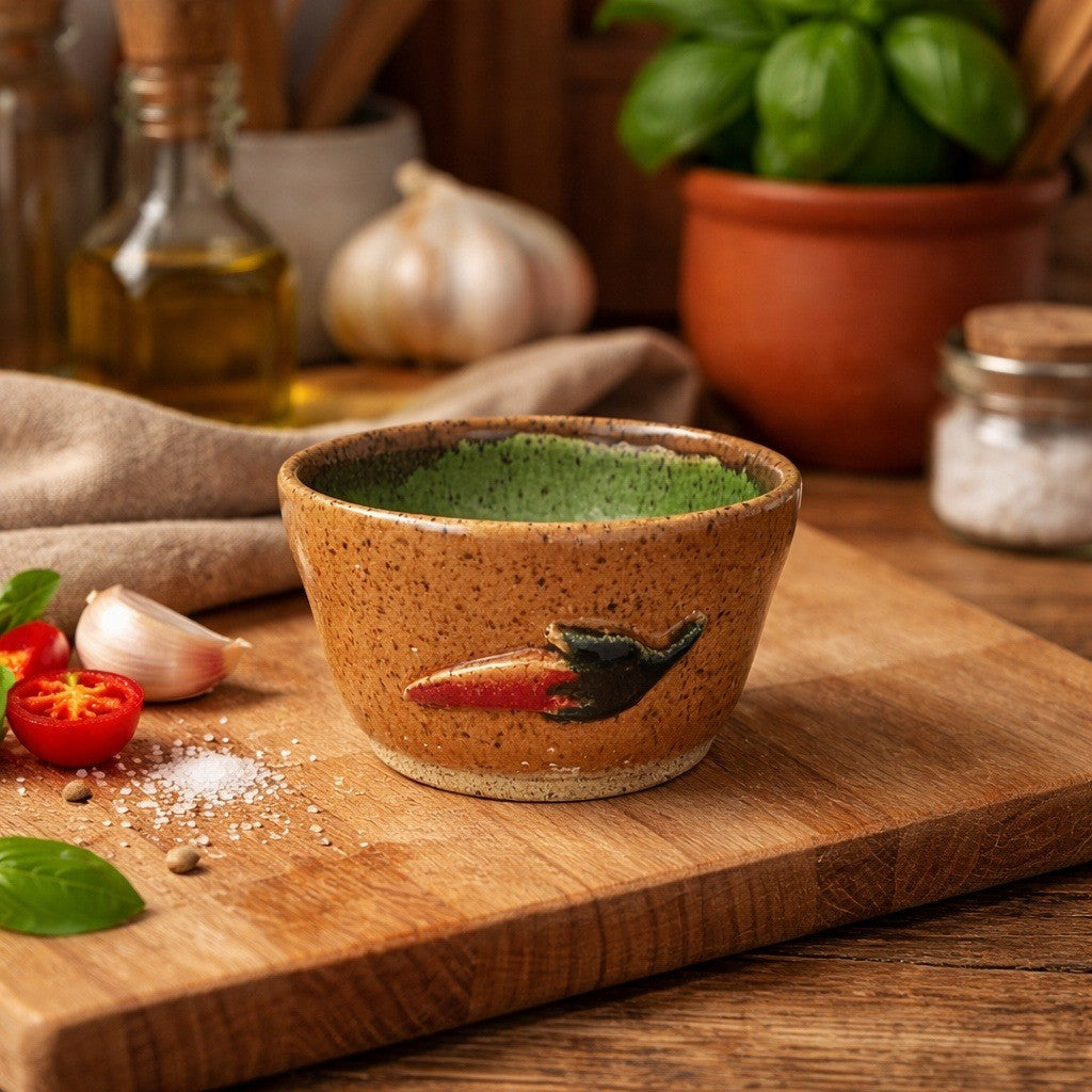 Small Vintage Chili Bowl Pottery • Speckled Brown & Green Ceramic • 1980s Rustic