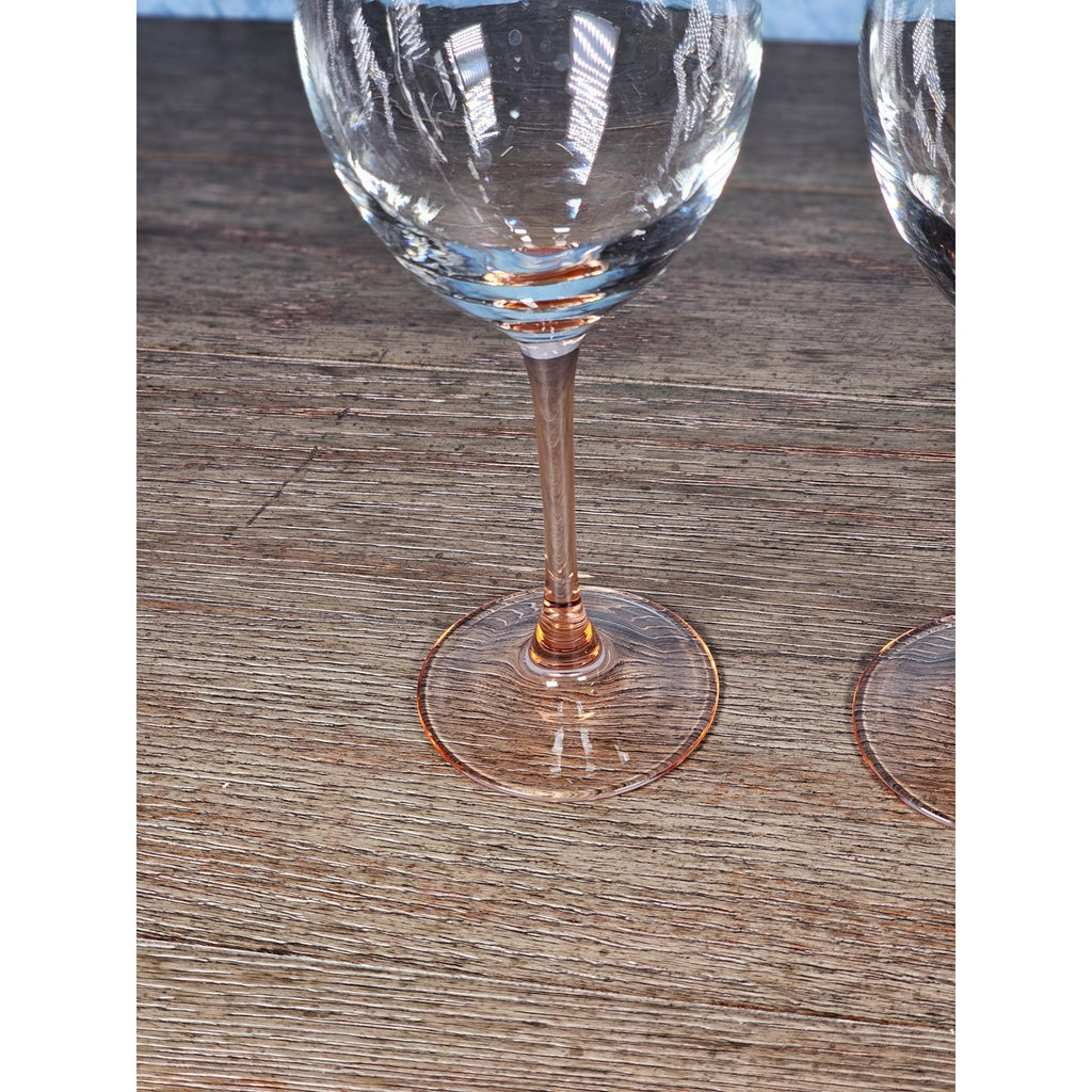 Vintage Pink Stem Wine Glasses Set of 2 Clear Bowl 8.5 Inch