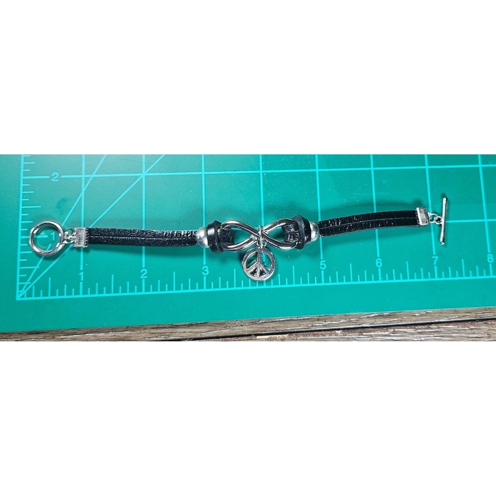 Vintage Peace Charm Bracelet Black Cord Infinity Small Size