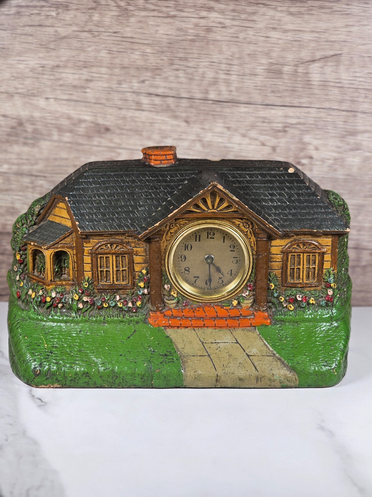 1920's  LUX Clock Co "Bungalow Deluxe Art Clock" Novelty Desk Clock