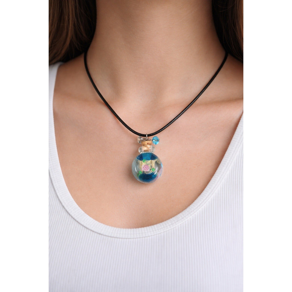 Glass Bottle Pendant Necklace Blue Floral Cork Vial Charm Necklace
