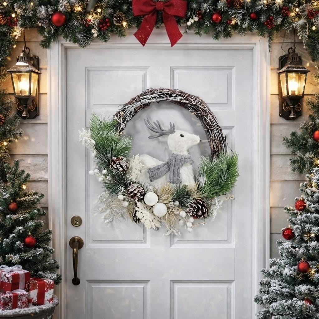 White Deer Christmas Wreath with Pinecones Greenery Snowflakes Rustic Holiday