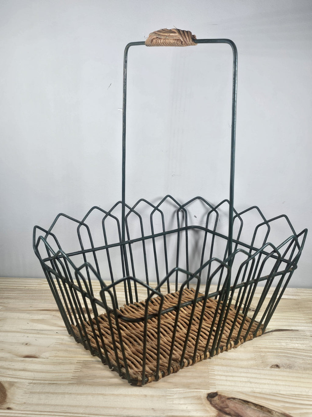 Black Metal + Rattan Basket 11.5″ × 9″ | Rustic Coastal Storage Basket