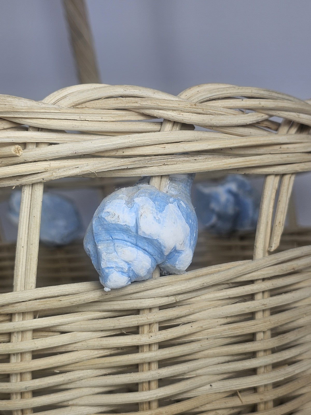 Vintage Wicker Basket with Blue Painted Conch Shells 13″ x 15″ Coastal Rustic