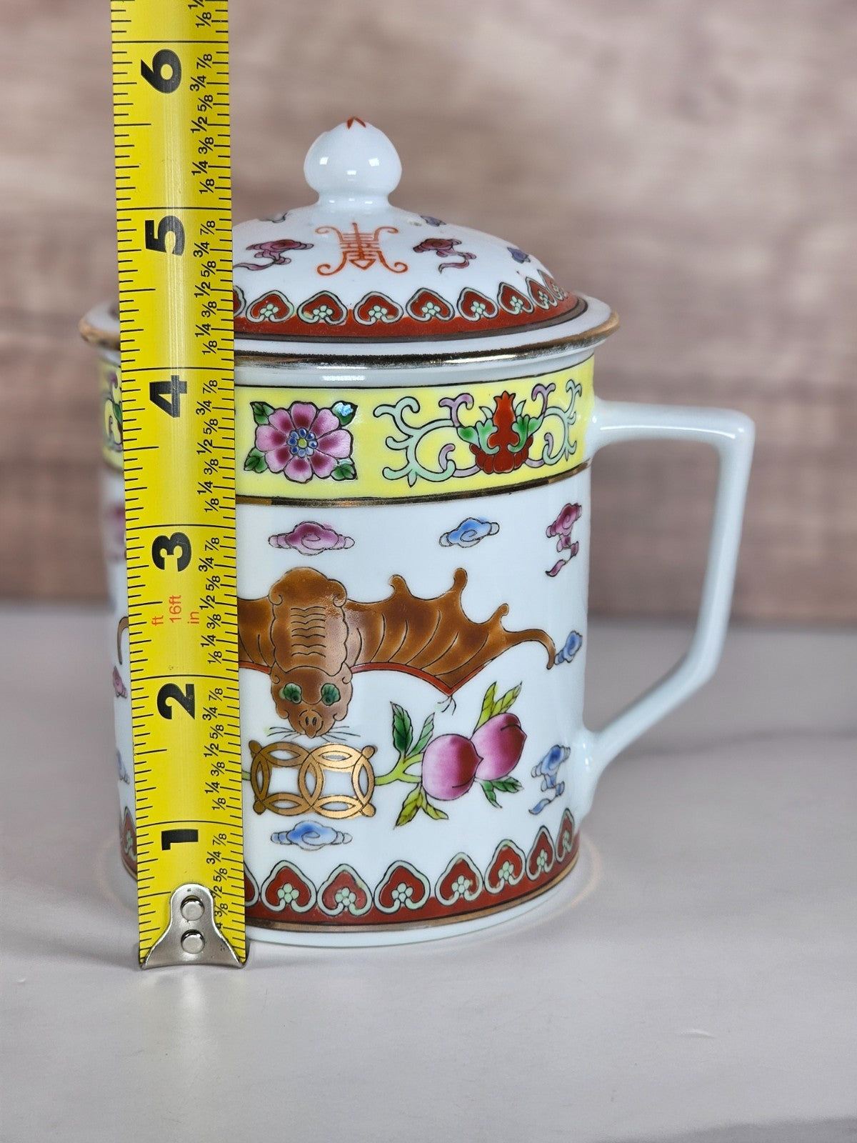 Vintage Jingdezhen Chinese Porcelain Lidded Teacup – Bat Motif, Floral Border