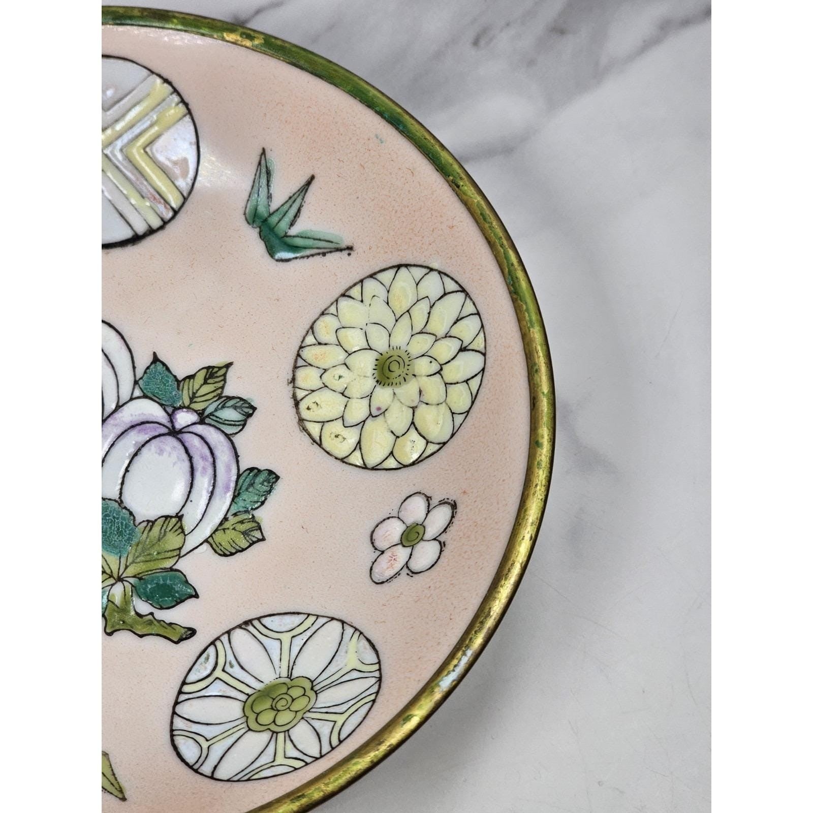 Vintage Hand-Painted Macau Floral Trinket Dish with Gold Rim