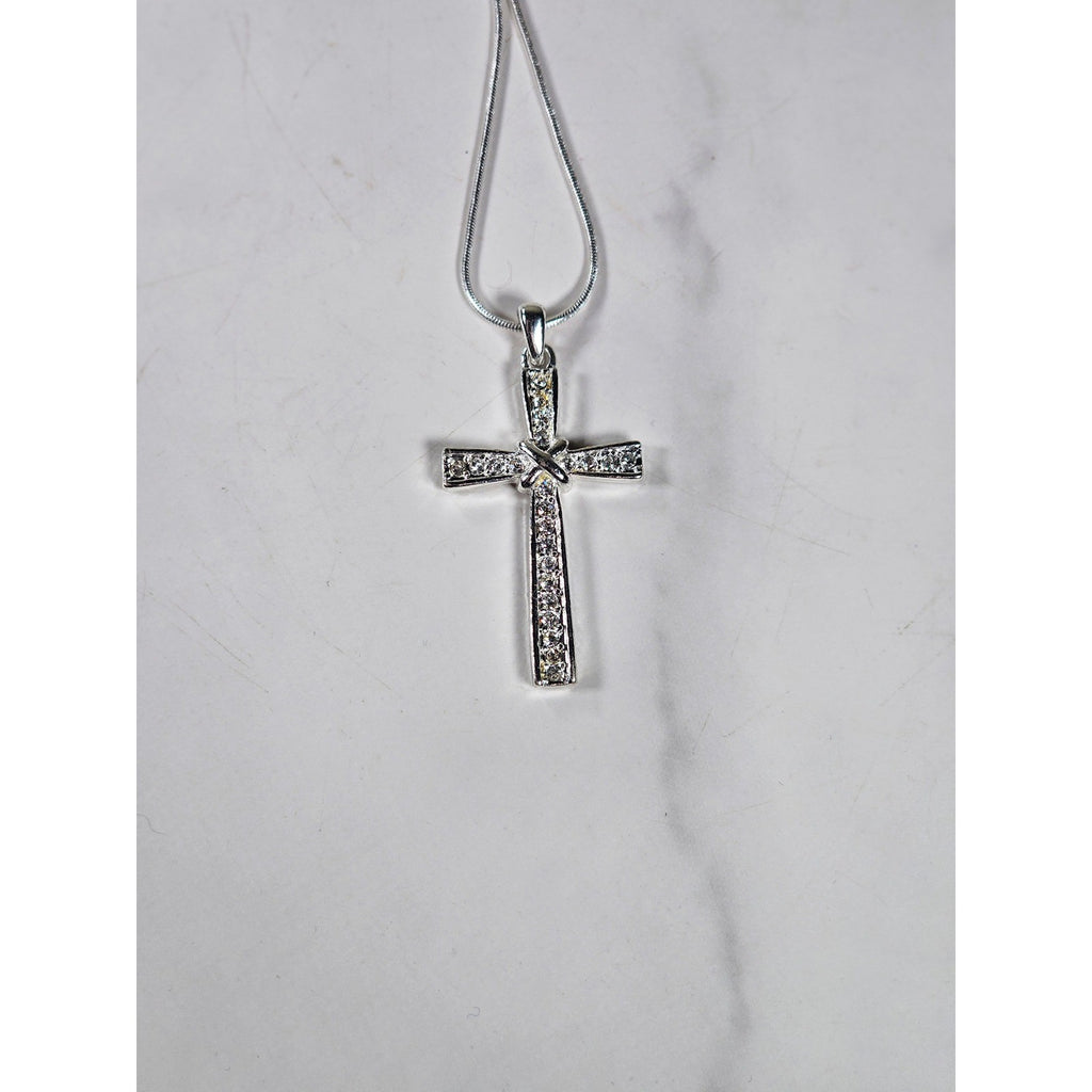 Vintage Silver Tone Cross Necklace with Clear Stone Accents