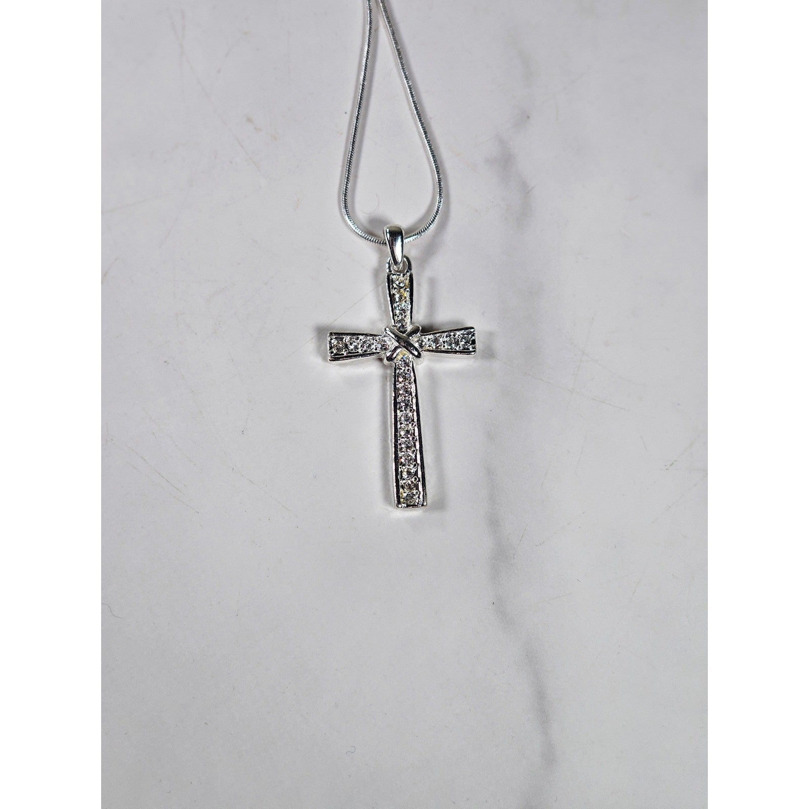 Vintage Silver Tone Cross Necklace with Clear Stone Accents