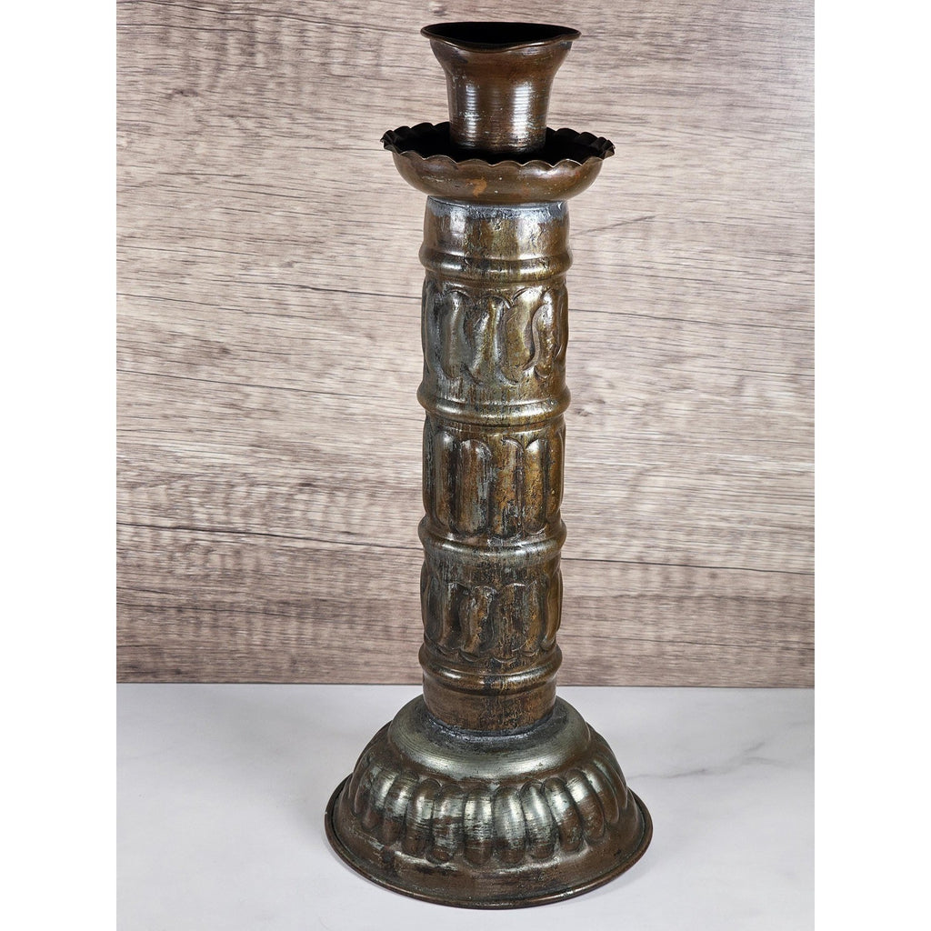 Antique Tinned Copper Candlestick Holder 12" Embossed Design