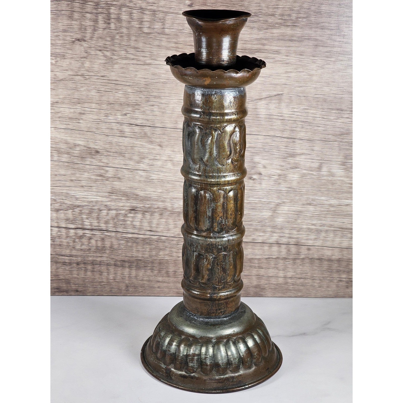 Antique Tinned Copper Candlestick Holder 12" Embossed Design