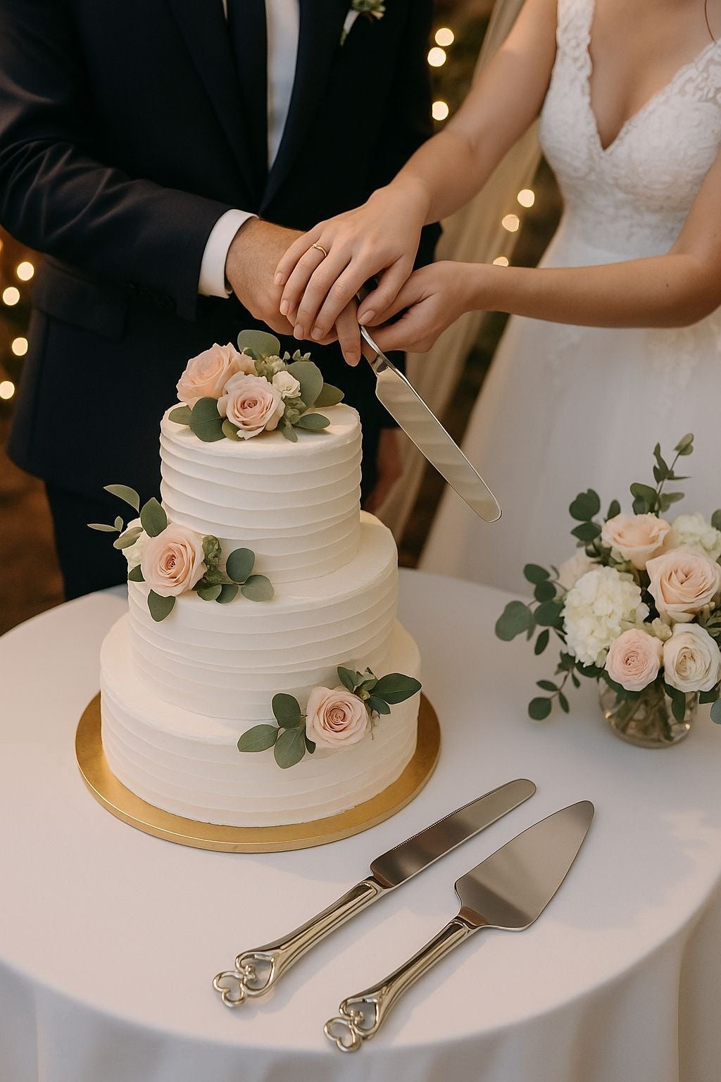 Wedding Promises Cake Knife & Server Set - Double Heart Design - Stainless Steel