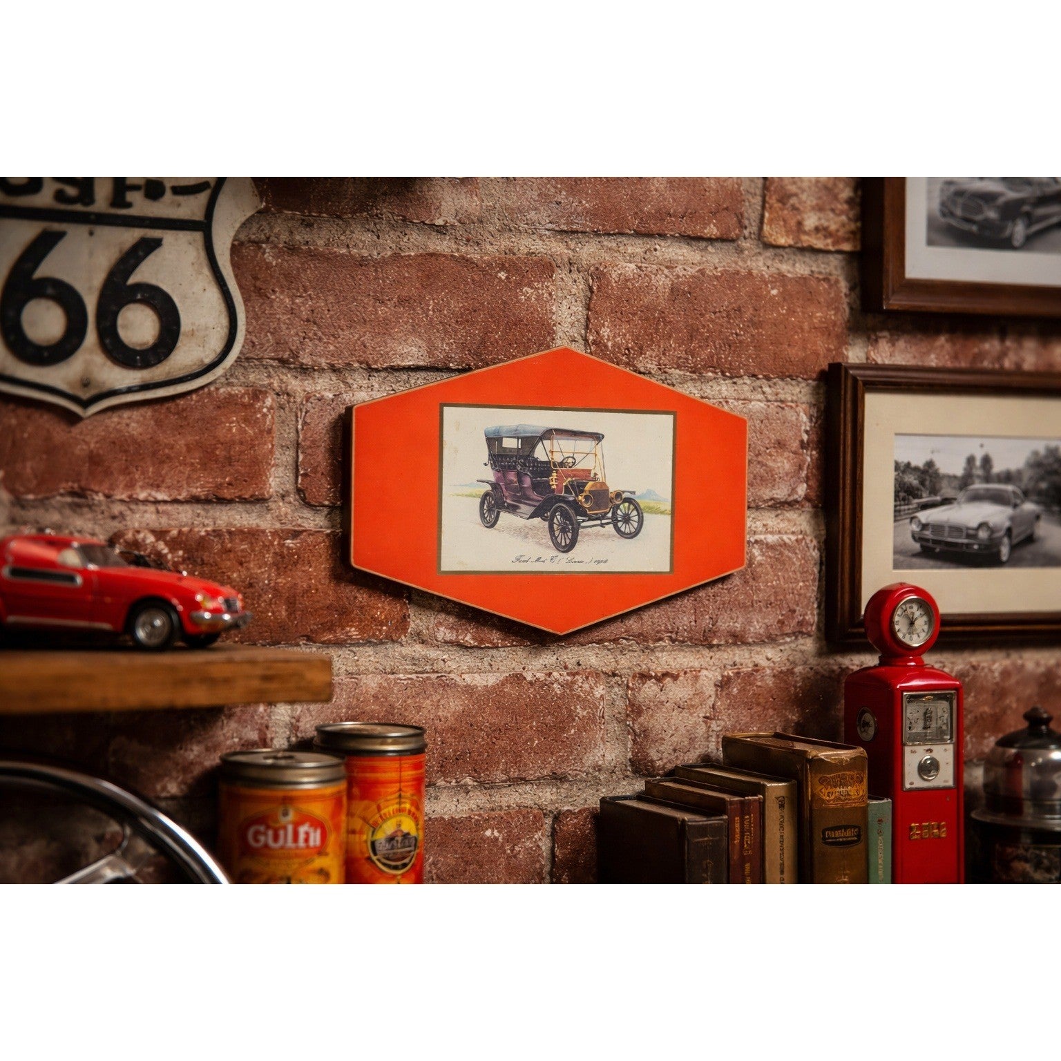 Vintage Ford Model T 1908 Print Mounted on Red Board, 11.5 x 8