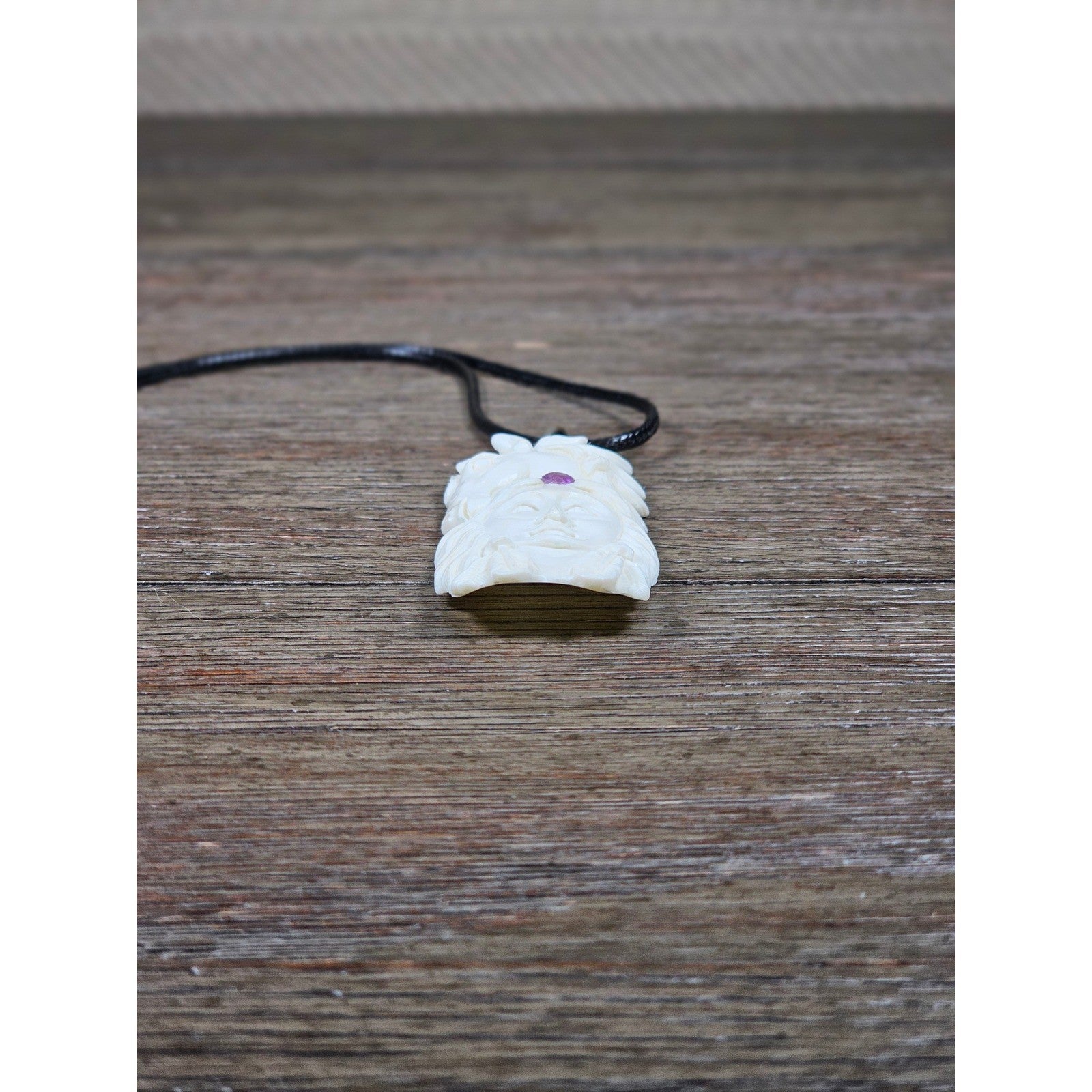 Carved Buffalo Bone Pendant Woman & Horse Motif 3x1 Inch Statement Necklace