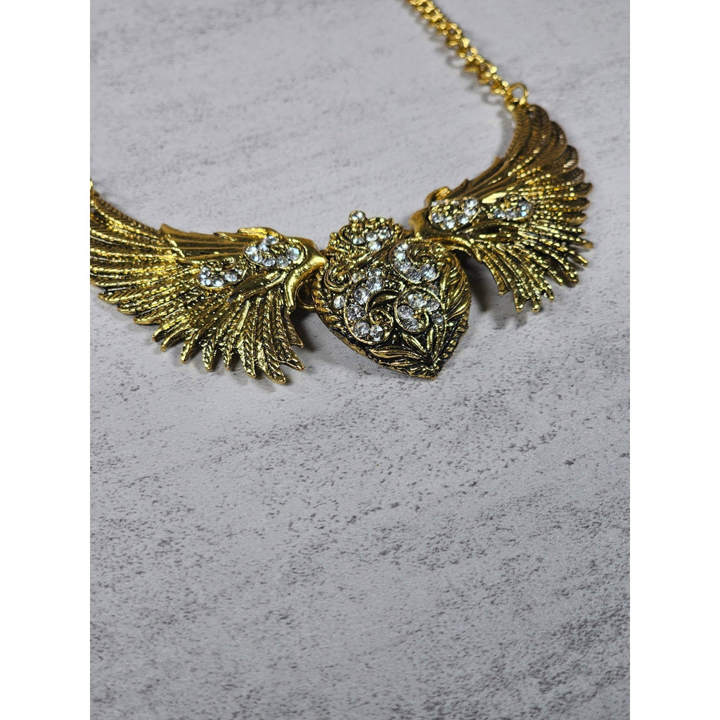 Vintage Gold Tone Winged Heart Rhinestone Statement Necklace