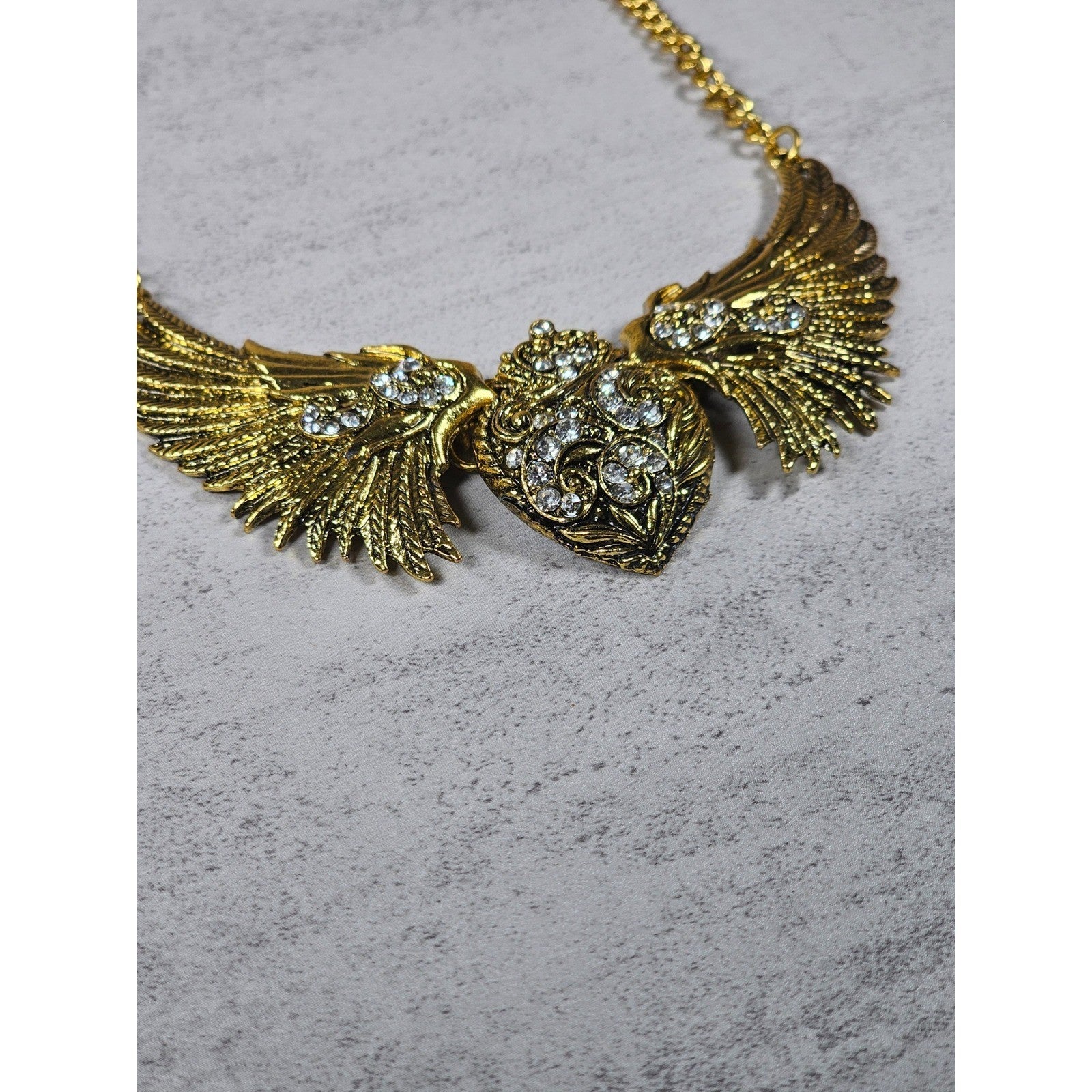 Vintage Gold Tone Winged Heart Rhinestone Statement Necklace