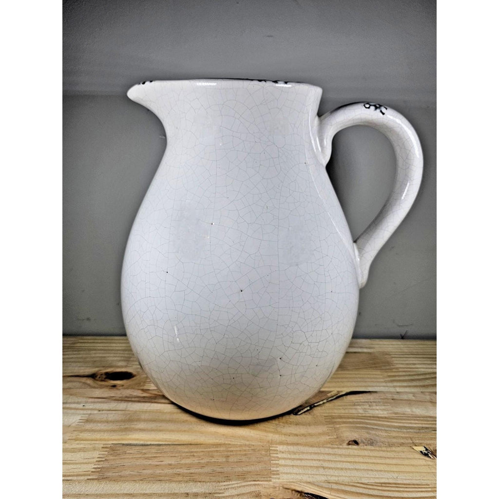 White Crackle Ceramic Pitcher Rustic Farmhouse Decor 10 Inch