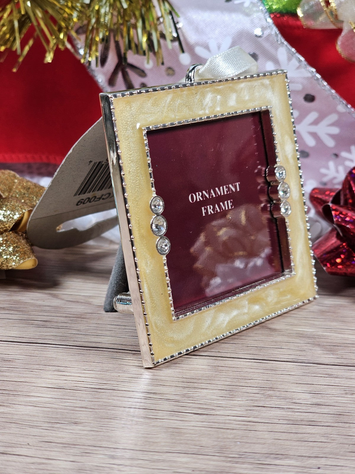 Elegant Gold Trimmed Ornament Frame With Rhinestone Accents & Ribbon Hanger