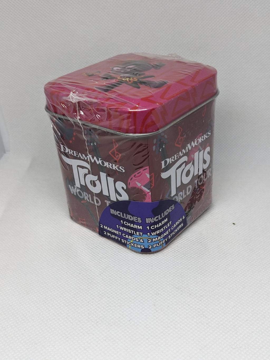 Lot of 2 Trolls World Tour Tins Includes: Charm, Wristlet, Cards, and Stickers