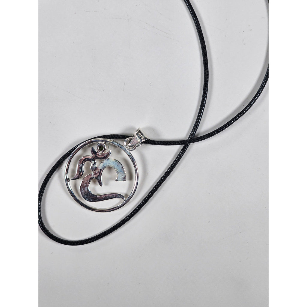 Vintage Sterling Silver Om Pendant with Green Stone Accent