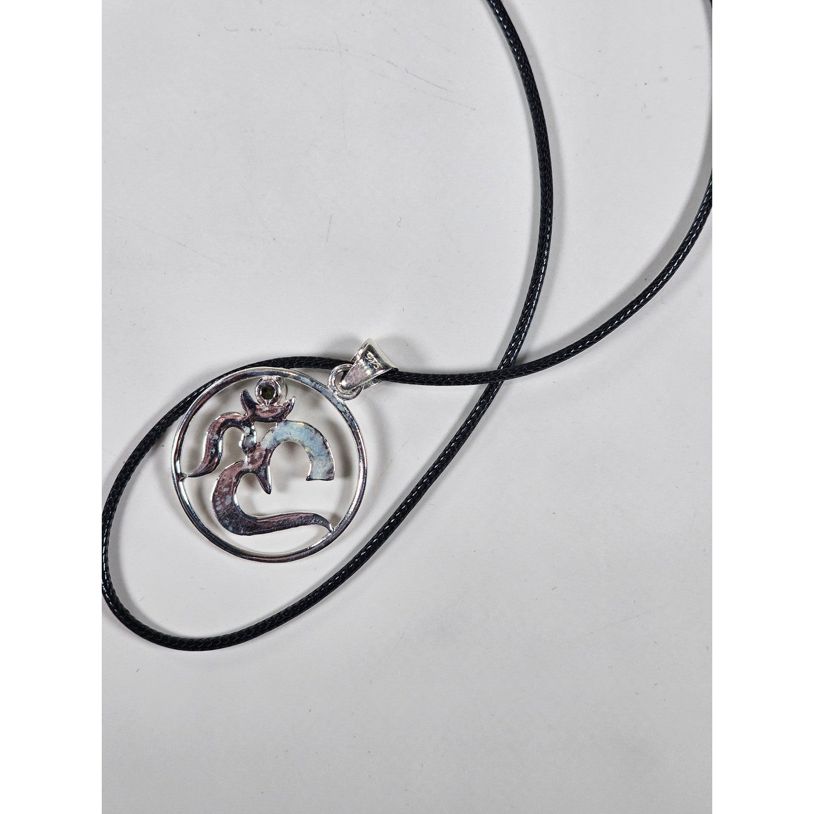 Vintage Sterling Silver Om Pendant with Green Stone Accent