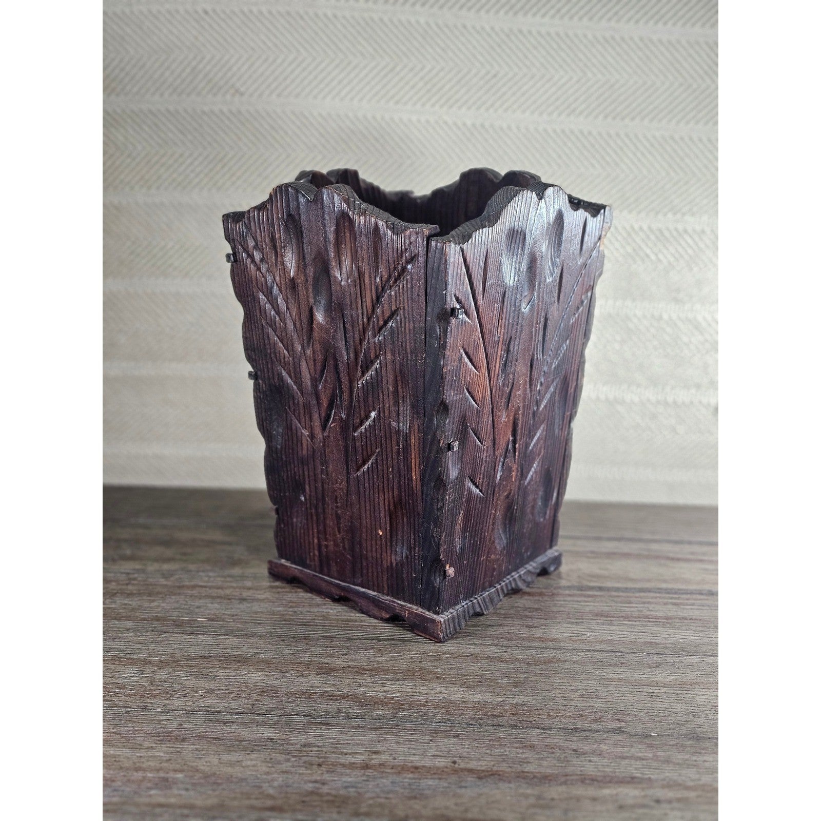Hand-Carved Rustic Wood Box with Iron Nails | Primitive Farmhouse Decor