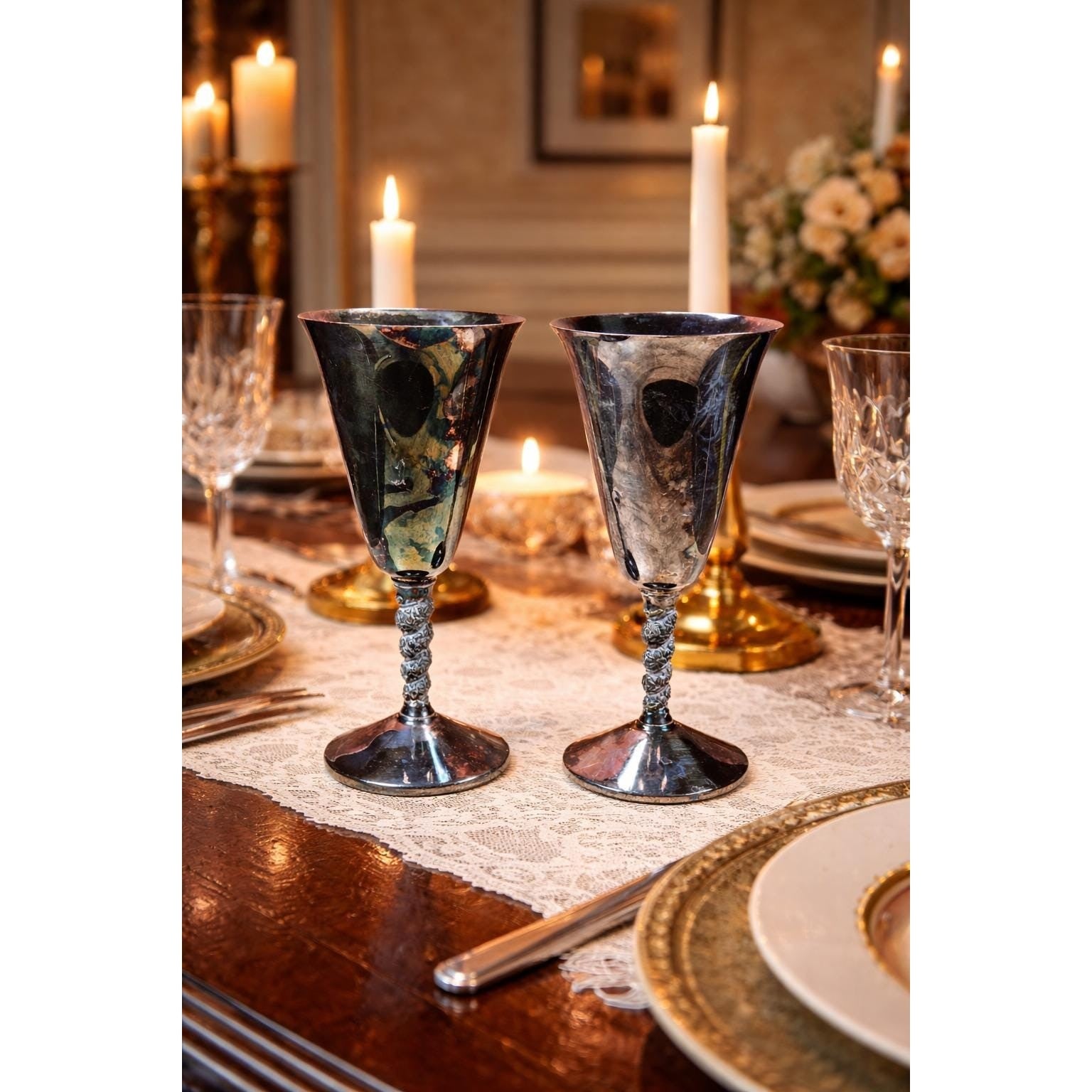 Vintage B.M. Mounts Primrose Plate Goblets Ornate Trophy Cups Pair