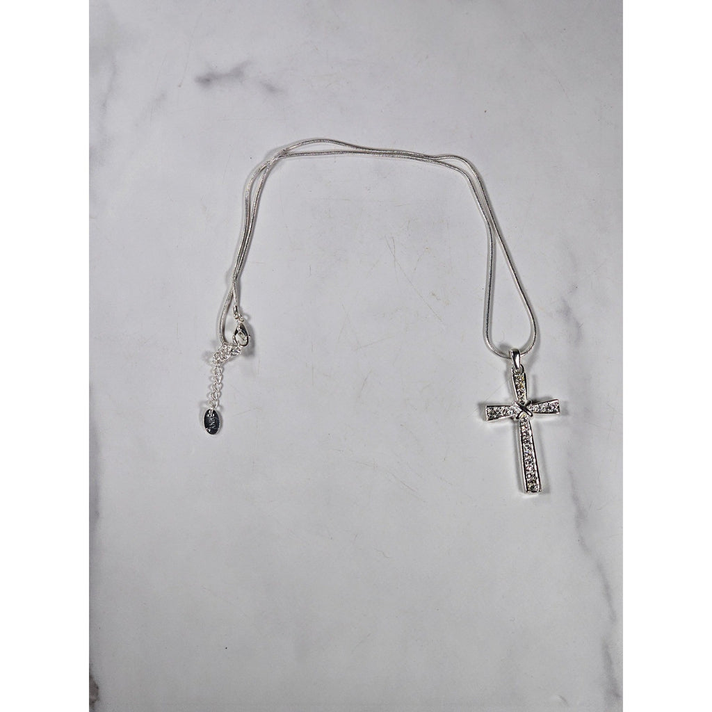 Vintage Silver Tone Cross Necklace with Clear Stone Accents