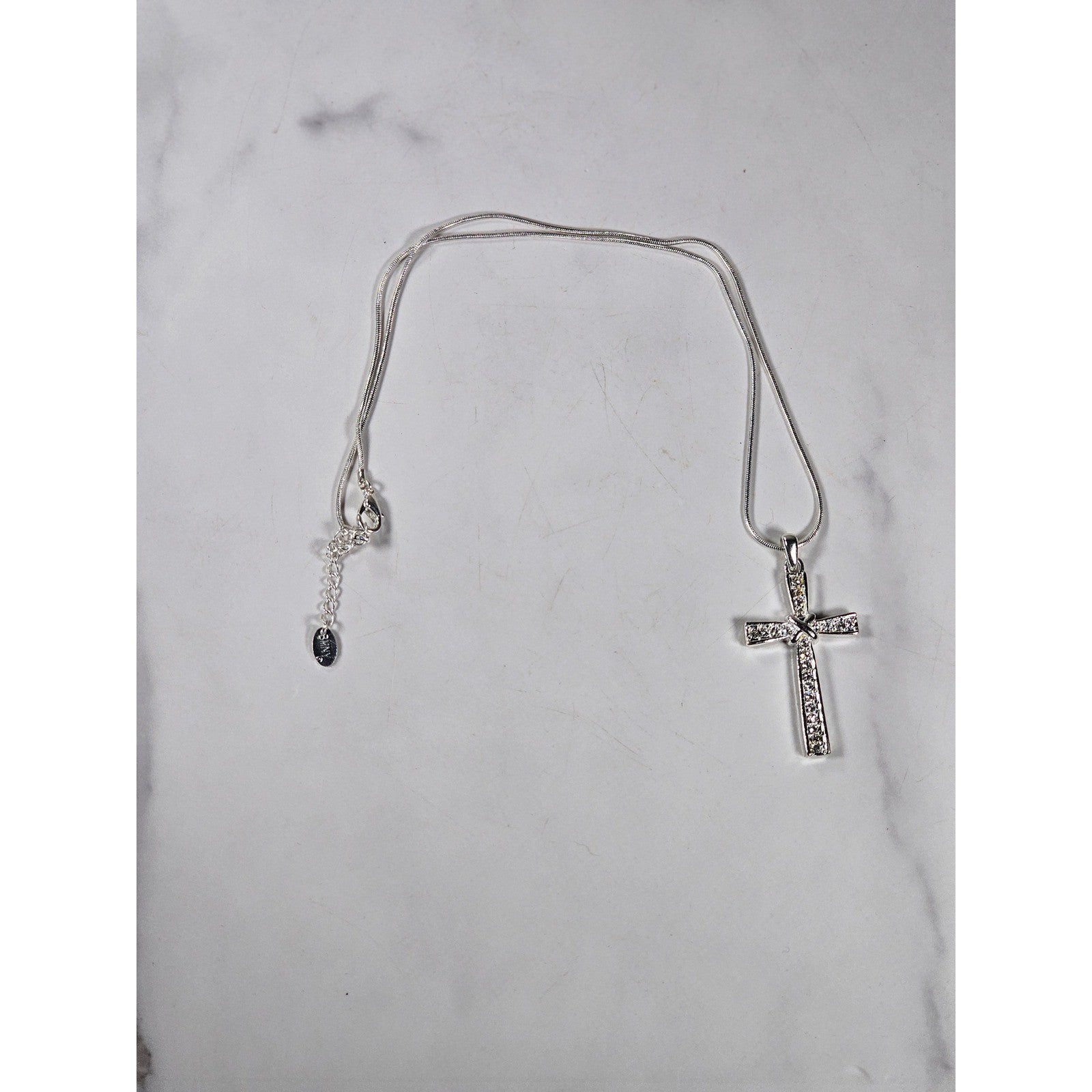 Vintage Silver Tone Cross Necklace with Clear Stone Accents