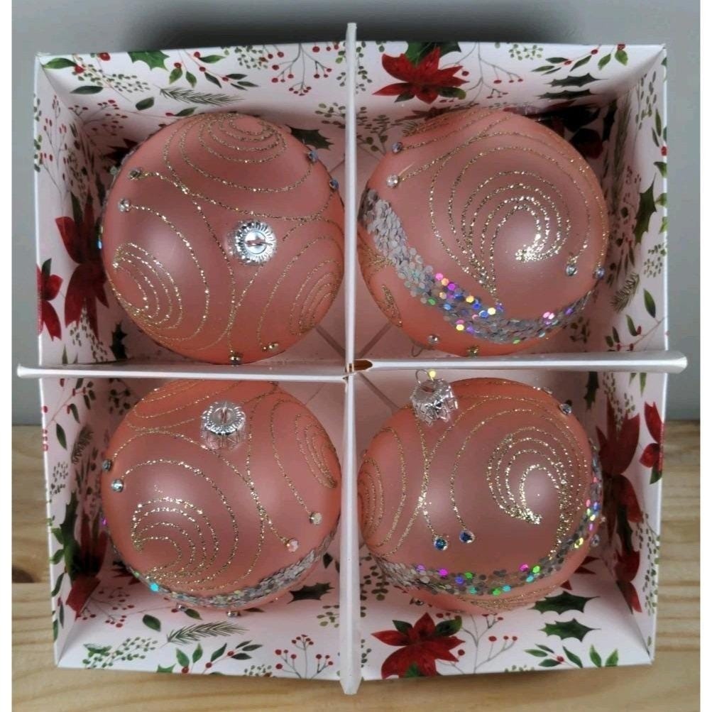 Handmade Polish Christmas Ornaments Set of 4, Sequin Glitter 3 Inch Spheres
