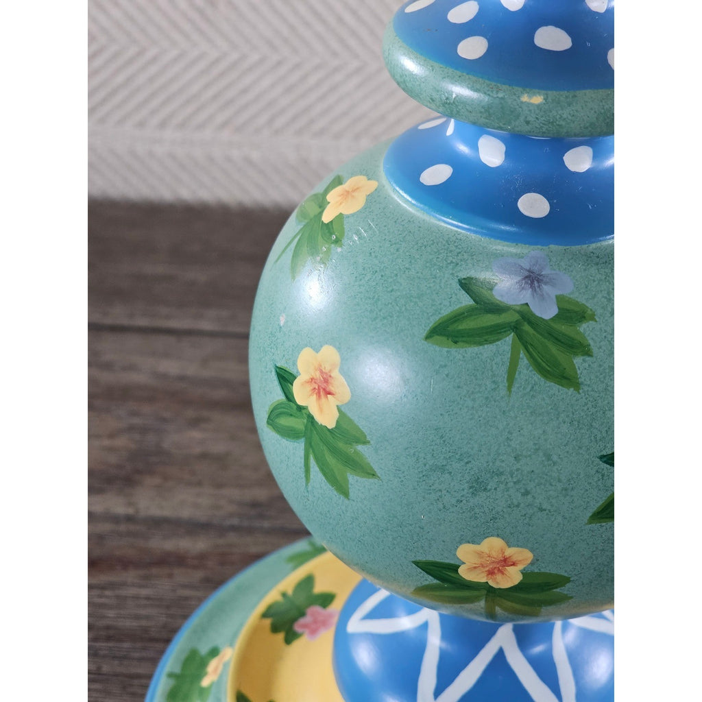 Vintage Hand Painted Wood Table Lamp Floral Blue Yellow Polka Dot
