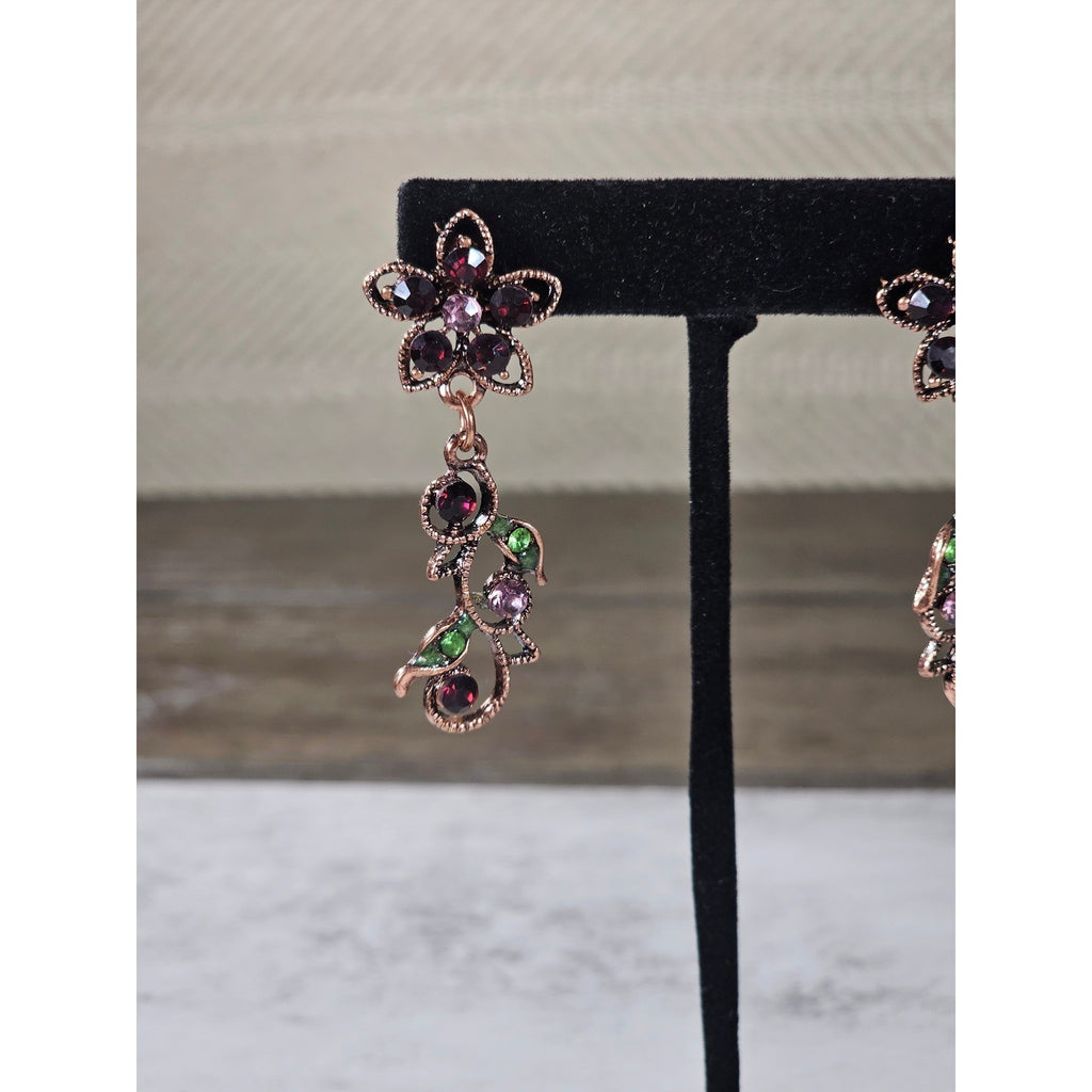 Vintage Butterfly Necklace Earring Set Purple Green Floral Gold Tone