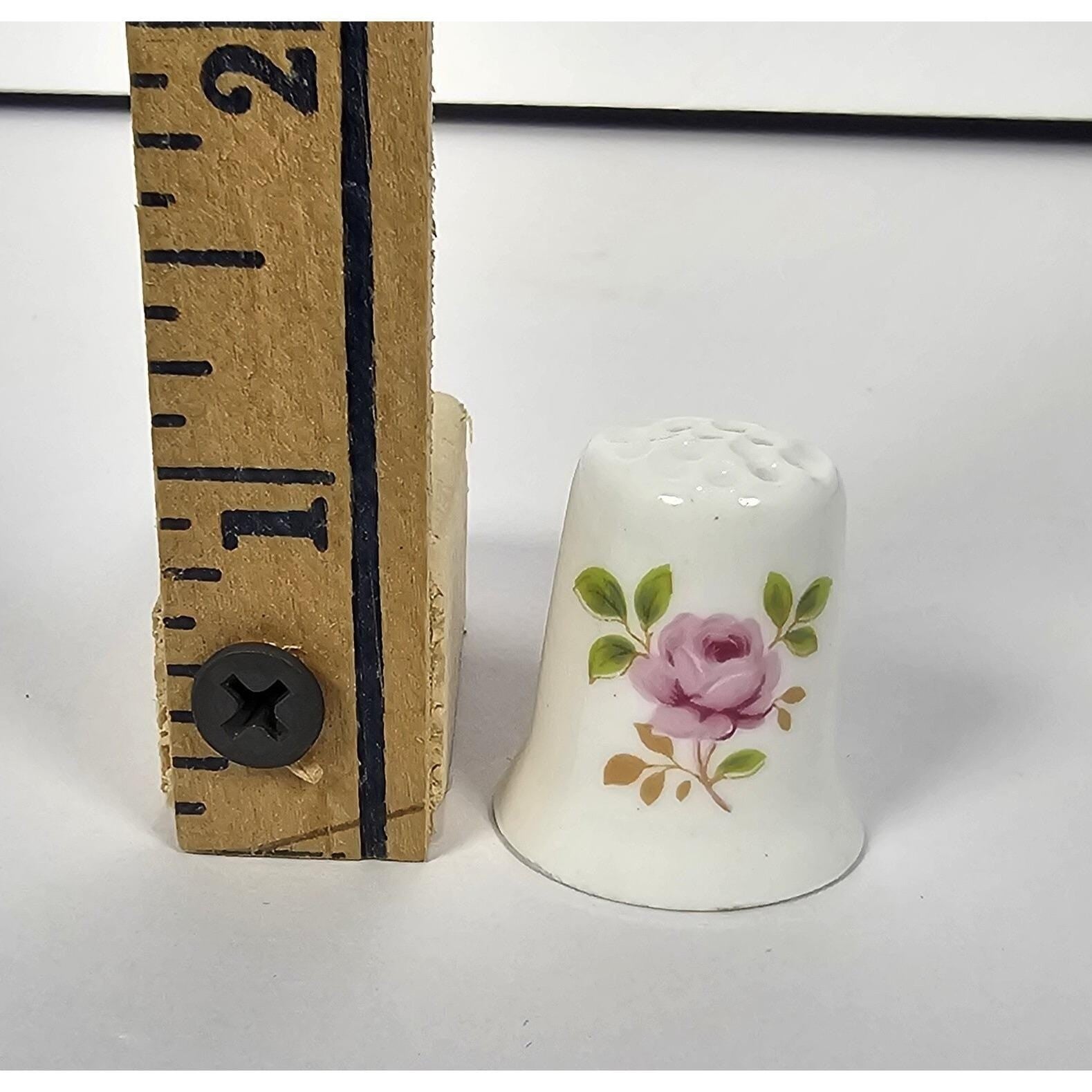 Vintage Porcelain Thimble Pink Rose Floral Sewing Collectible Mini Thimble