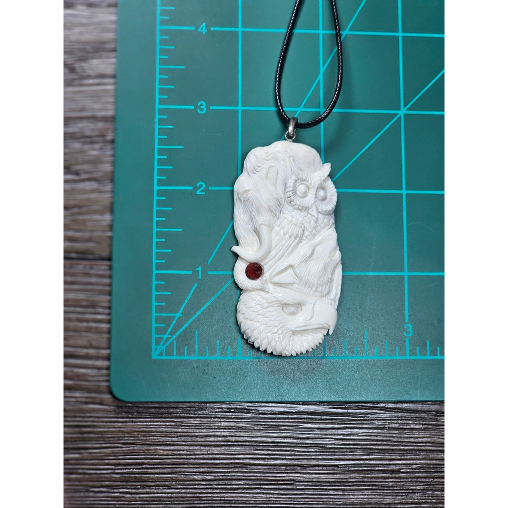 Vintage Carved Pendant Necklace Owl Elephant Red Accent