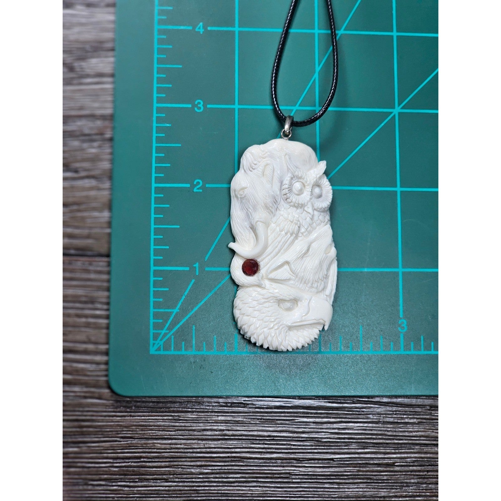Vintage Carved Pendant Necklace Owl Elephant Red Accent