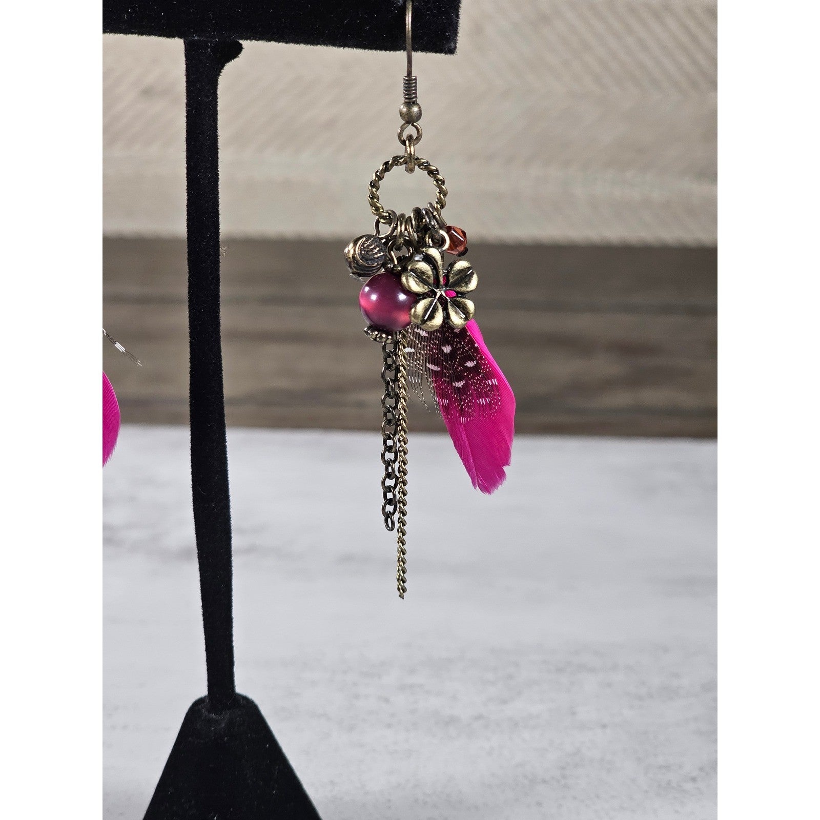 Vintage Pink Feather Charm Earrings Floral Boho Dangle Drop