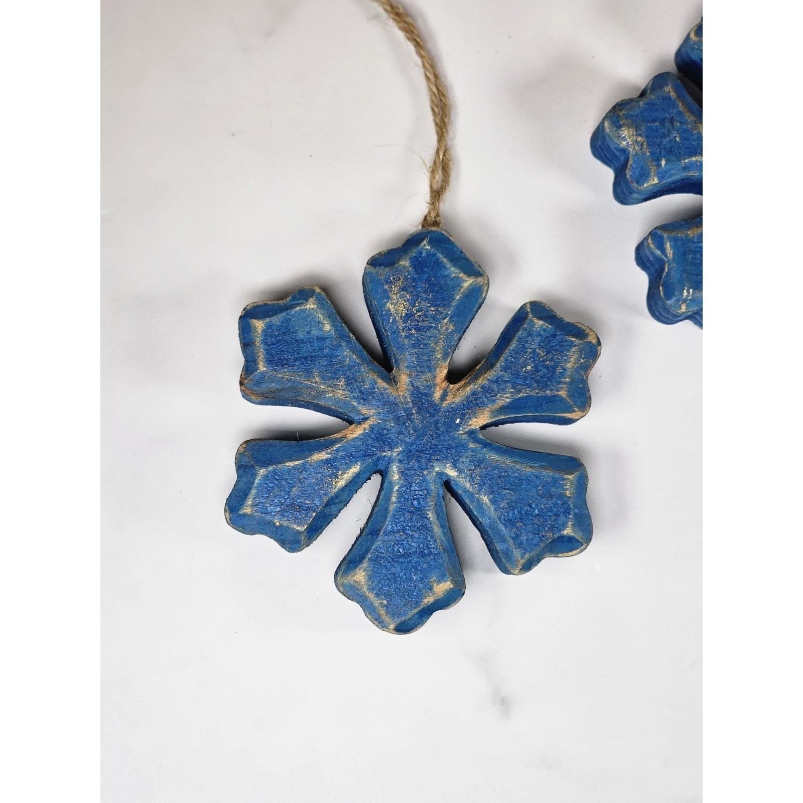 Rustic Blue Snowflake Ornaments Set of 3 Wood Farmhouse Christmas Decor